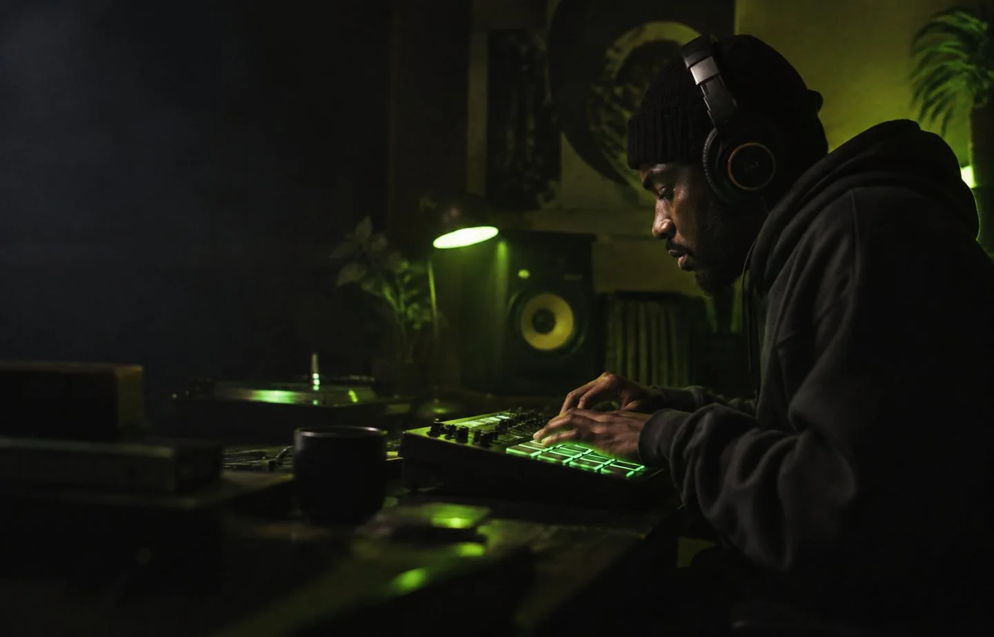 Beat maker wearing headphones and creating music on a pad controller in a green-lit studio